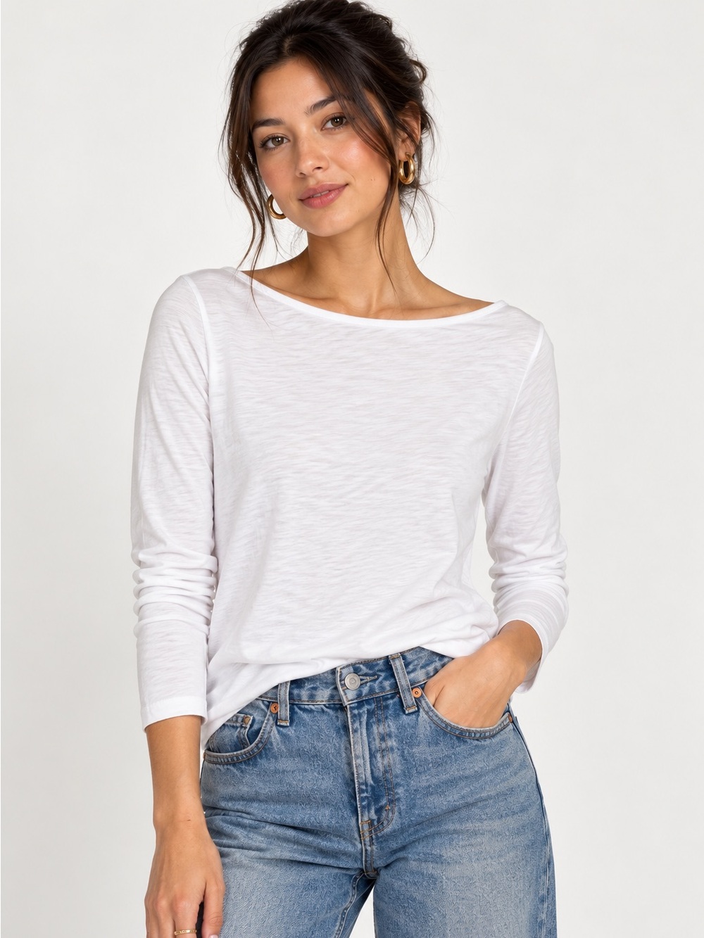 J.Crew Artist Tee White Boat Neck Long Sleeve Cotton Top M